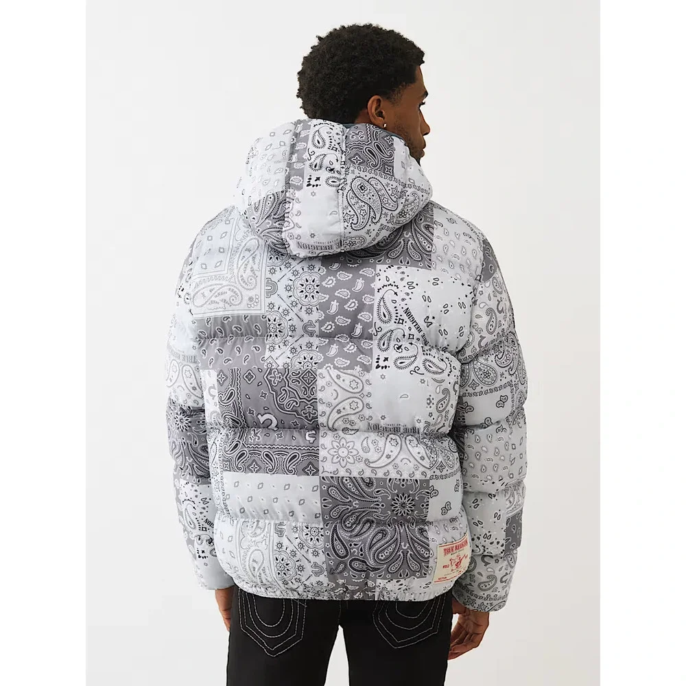 True Religion Hood Puffer Jacket XL Grey Blue Bandana NWT